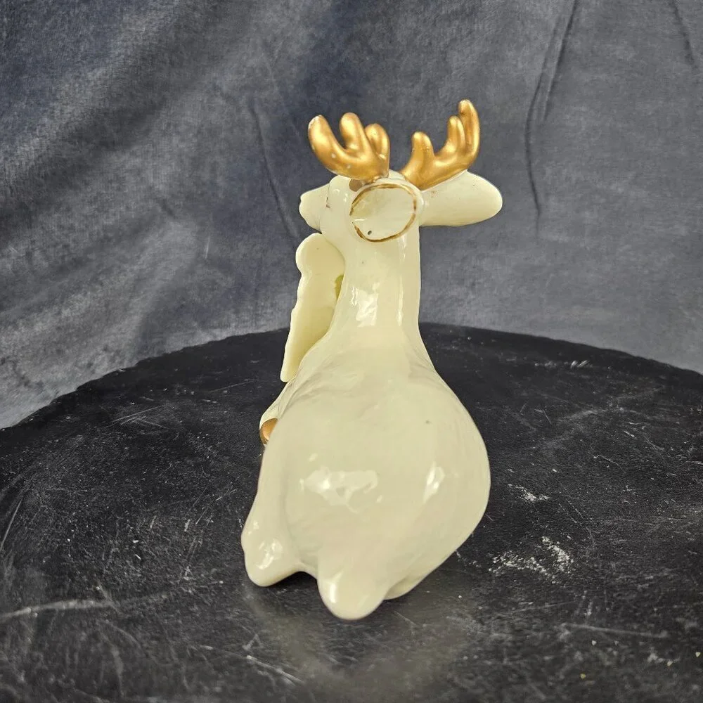 Vintage Ceramic Reindeer Figurine with Bow and Bells Cream Gold Accent Christmas